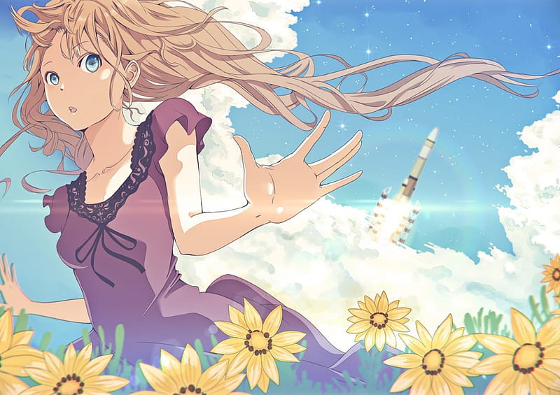 What's That Sound?!, pretty, dress, brown hair, sky, clouds, aircraft, girl, anime, summer, flowers, blue eyes, long hair, HD wallpaper