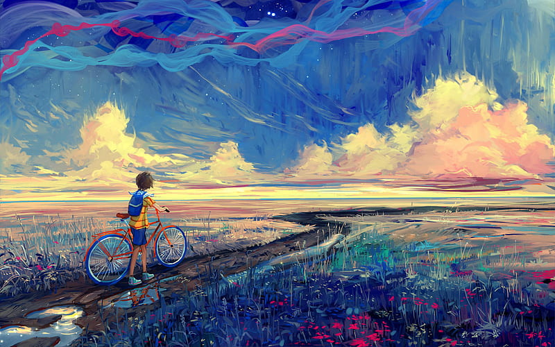 Boy with a Bike, bike, downhill, landscapes, mountain, painting, HD wallpaper