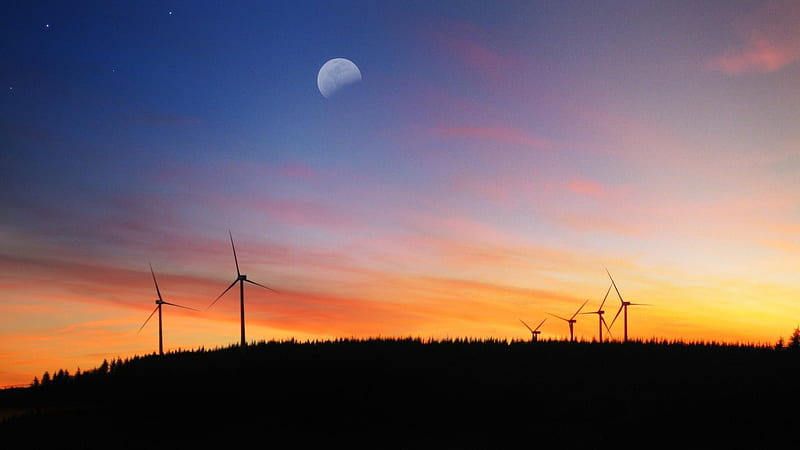 Wind turbine farm, Stars, Sky, Morning, Moon, Stats, Turbine, HD wallpaper