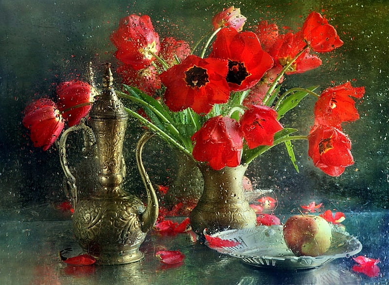 Dewy Poppies, apple, brass vase, poppies, dew, coffee pot, water, red poppies, flowers, plate, moisture, HD wallpaper