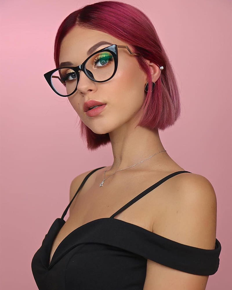 Stella Cini, model, glasses, looking at viewer, portrait display, makeup, women, straight hair, pink hair, HD phone wallpaper