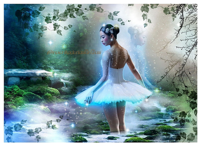 **Blue Ballet**, rocks, stream, pretty, women, sweet, fantasy, splendor ...
