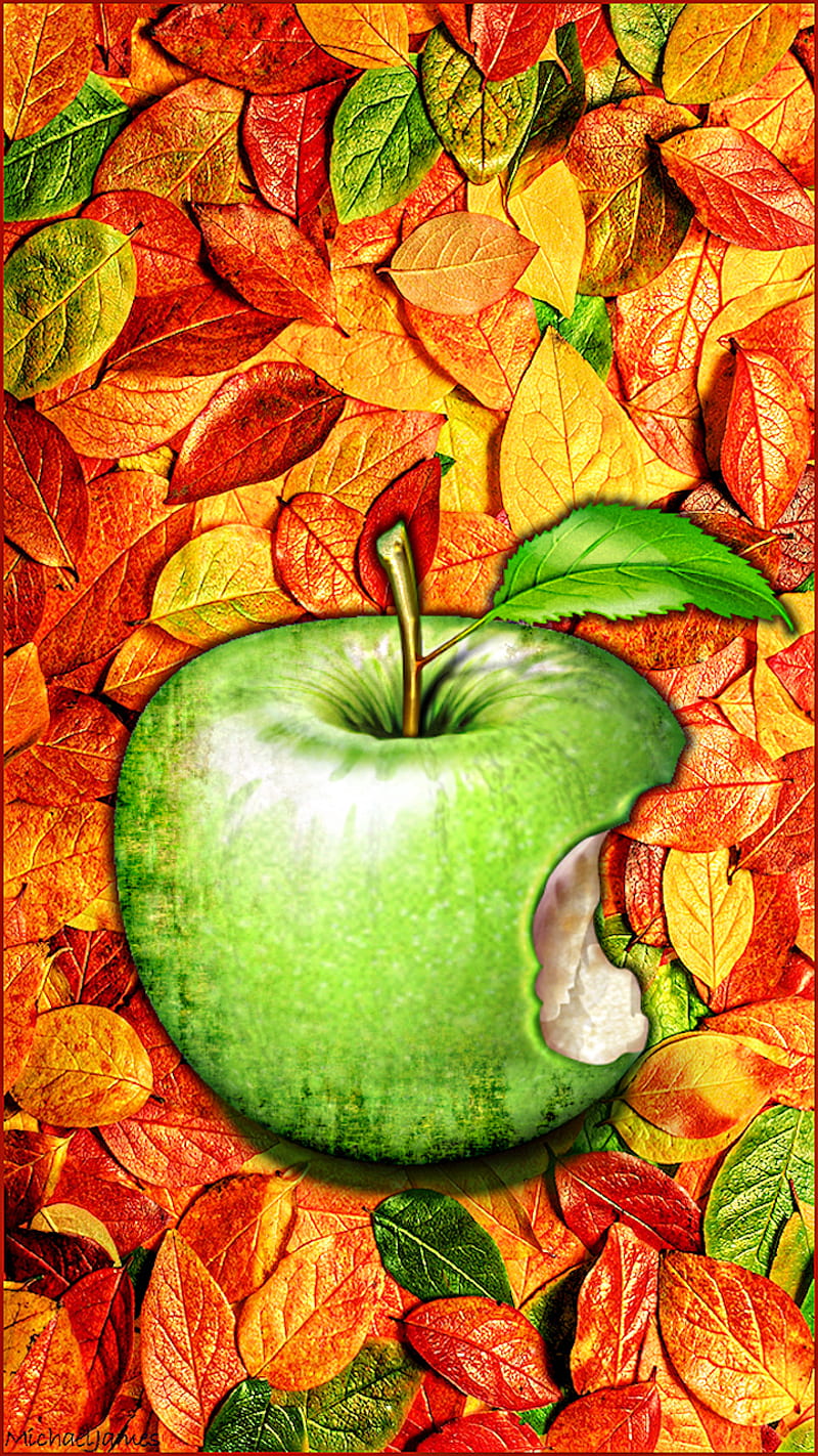 Leaves And Apple, autumn, fall, green apple, logo, HD phone wallpaper