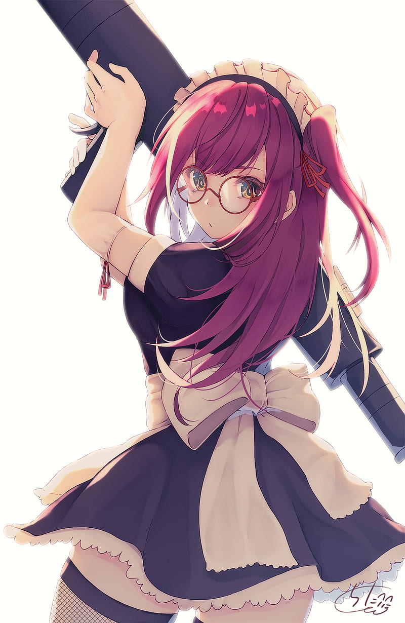 anime girls, original characters, purple hair, long hair, looking at viewer, women with glasses, dress, maid, fishnet stockings, stockings, bazookas, weapon, white background, artwork, drawing, illustration, 2D, digital art, chita (ketchup), Pixiv, vertical, portrait display, HD phone wallpaper