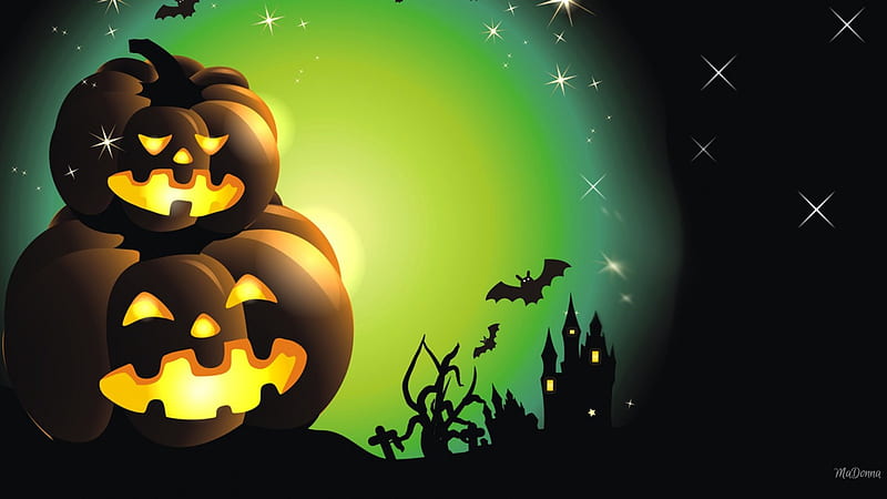 Two Jacks Green Moon, bats, haunted house, trees, sky, moon, green, Halloween, jack-o-lanterns, pumpkins, HD wallpaper