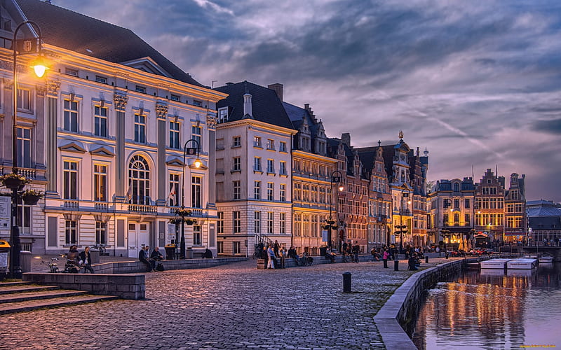 Ghent, Belgium, Ghent, street, houses, Belgium, dusk, HD wallpaper