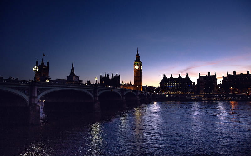 Big Ben, Westminster Bridge, Thames River, english landmarks, darkness, London, England, UK, HD wallpaper
