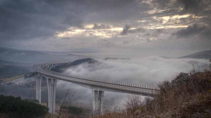 bridge in the mist, highway, sky, clouds, bridge, HD wallpaper