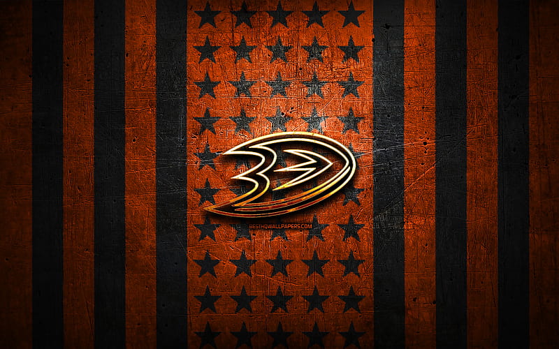 Anaheim Ducks flag, NHL, orange black metal background, american hockey team, Anaheim Ducks logo, USA, hockey, golden logo, Anaheim Ducks, HD wallpaper