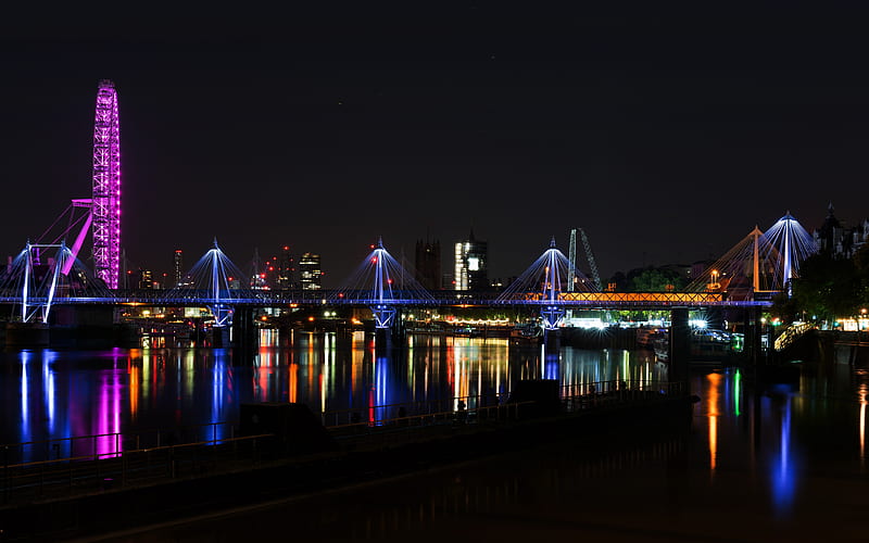 River Thames, Millennium Wheel nightscapes, english cities, London, England, UK, United Kingdom, HD wallpaper