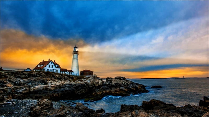 Lighthouse Sunset, architecture, rocks, oceans, sky, clouds, sunsets ...