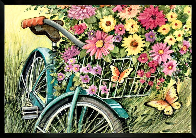 Bicycle Bouquet, art, romance, bicycle, bonito, butterflies ...