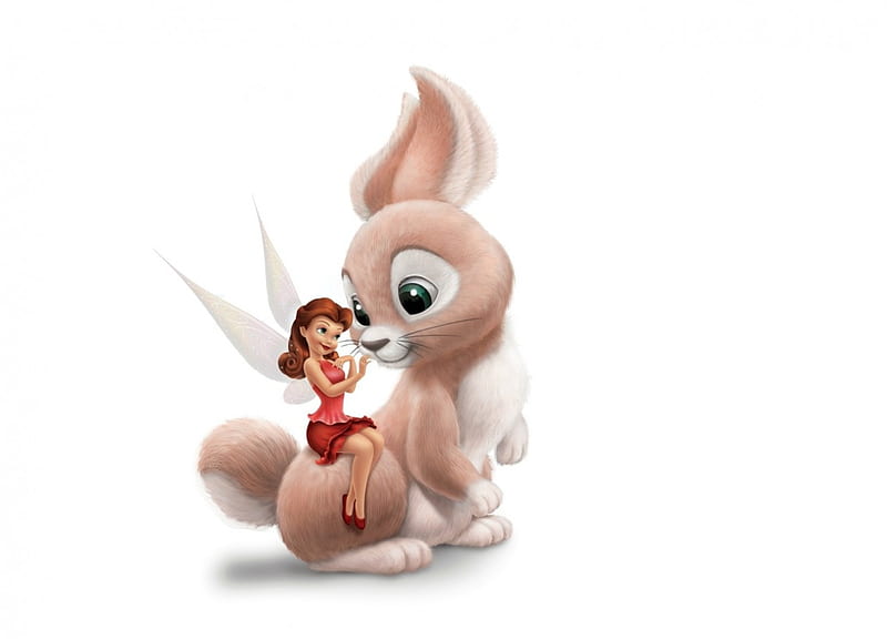 Tinker Bell and the Legend of the NeverBeast (2014), red, rabbit, fawn, movie, easter, tinkerbell, card, cute, fantasy, bunny, white, pink, fairy, the legend of the neverbeast, disney, HD wallpaper