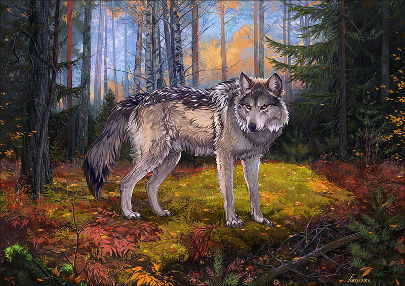 wolf, gray, forest, wildlife, art, HD wallpaper