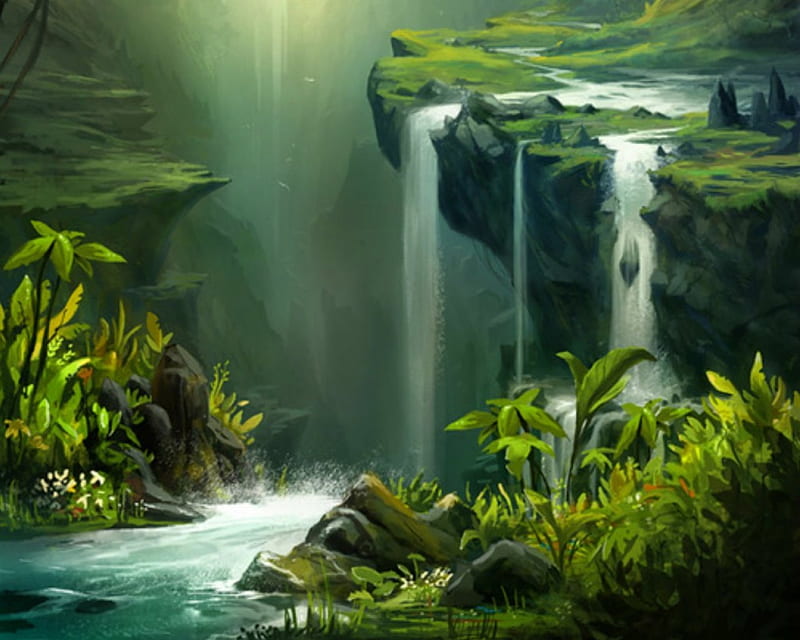 Fantasy Land, river, fantasy, trees, waterfalls, HD wallpaper