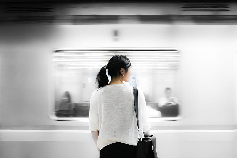 woman in white elbow-sleeved shirt standing near white train in subway, HD wallpaper