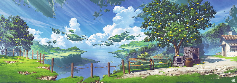anime landscape, floating islands, scenery, apple tree, Anime, HD wallpaper