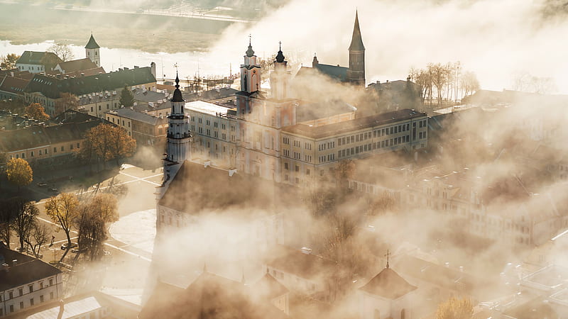 Cities, Kaunas, Fog, Lithuania, HD wallpaper