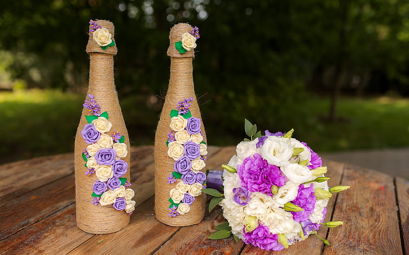 wedding, bridal bouquet, wedding ornaments, champagne bottles, bottle decoration, wedding bouquet, roses, HD wallpaper