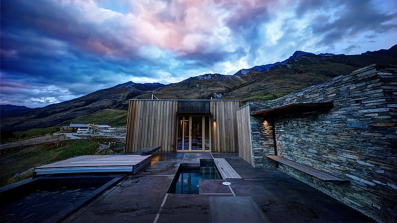 modern mountainside home, mountain, house, stone, dusk, sky, HD wallpaper