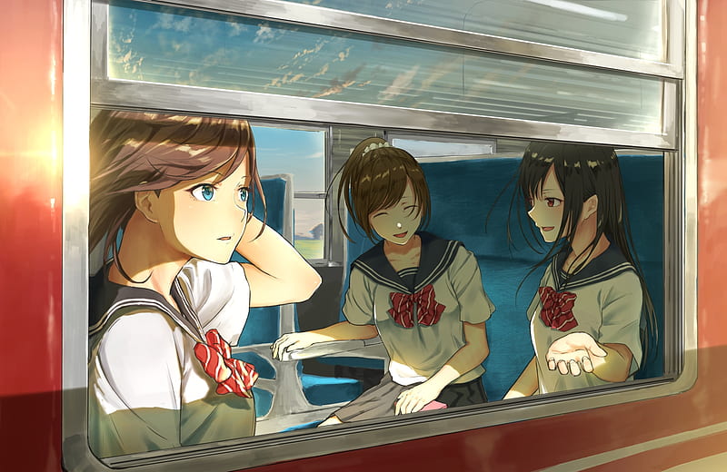 anime girls, train trip, wind, school uniform, friends, Anime, HD wallpaper