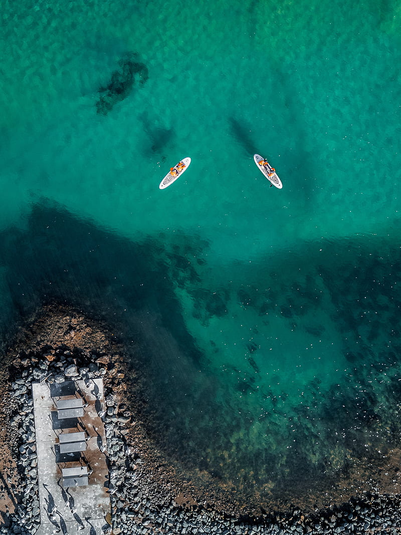 sea, aerial view, boats, water, coast, stony, HD phone wallpaper
