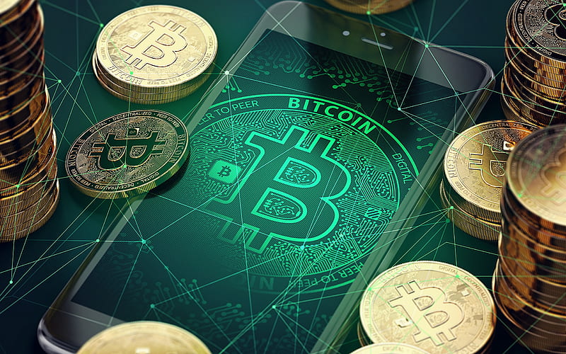 Bitcoin, smartphone, sign, crypto currency, gold coins, Bitcoin concepts, BTC, HD wallpaper