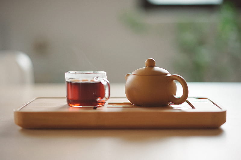 clear glass cup with tea near brown ceramic teapot, HD wallpaper