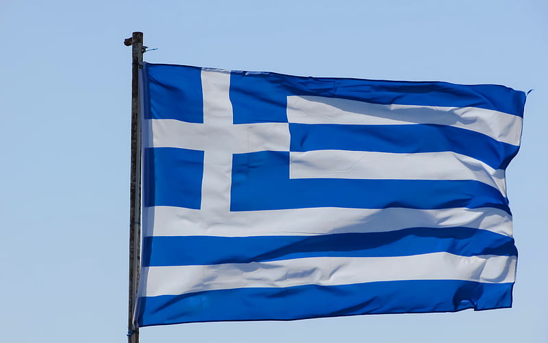 Flag of Greece, silk flag, national symbol, Greek flag, flag against the sky, flagpole, Greece, Europe, HD wallpaper
