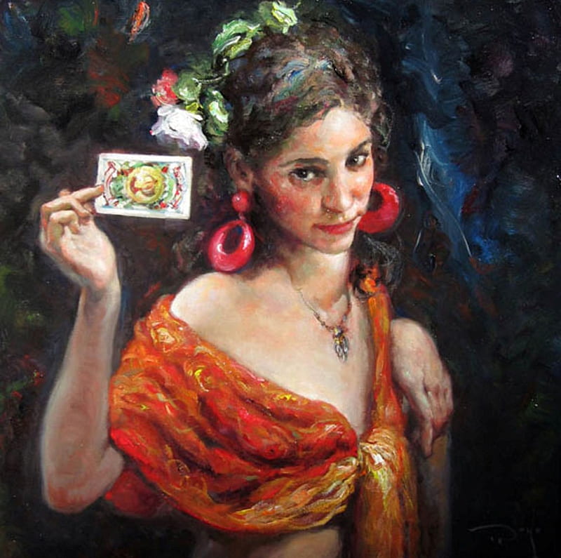 Jose Royo - La Buena Fortuna, gypsy, art, la buena fortuna, jose royo, woman, card, girl, painting, gitana, HD wallpaper