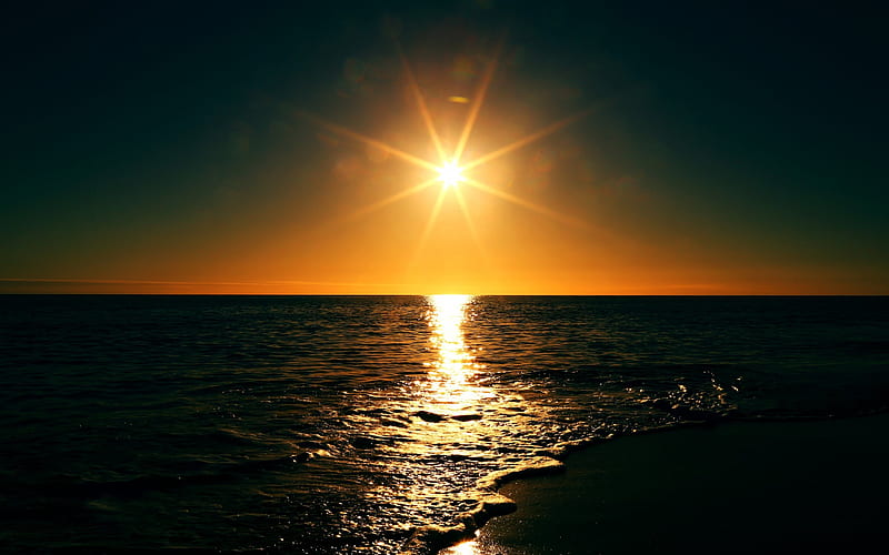 sunset, sea, Coast, waves, sun, HD wallpaper