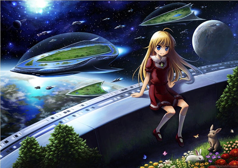 SpaceShip, pretty, float, space, futuristic, bonito, floral, sweet, fantasy, moon, future, anime, space ship, beauty, anime girl, long hair, star, night, rabbit, female, lovely, cute, kawaii, fly, girl, universe, ship, flying, flower, bunny, HD wallpaper