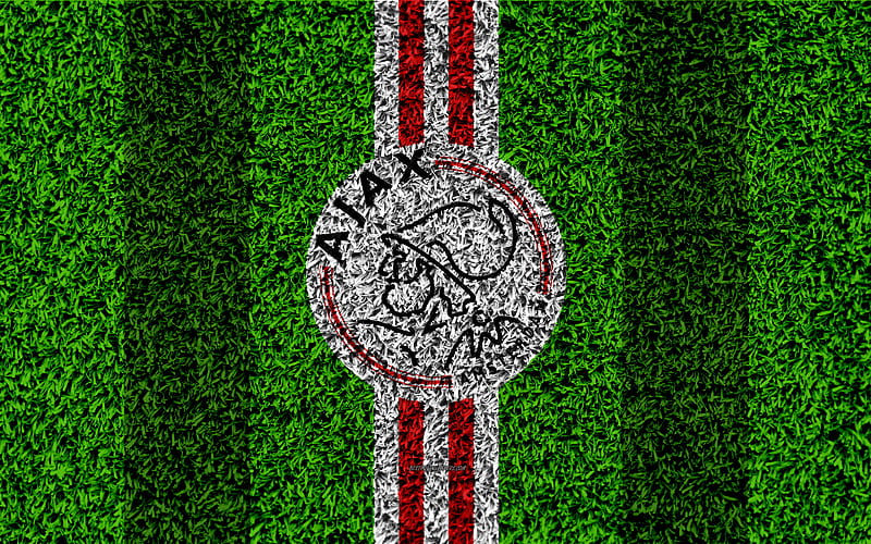 Ajax FC emblem, football lawn, Dutch football club, Ajax logo, grass texture, Eredivisie, white red lines, Amsterdam, Netherlands, football, HD wallpaper