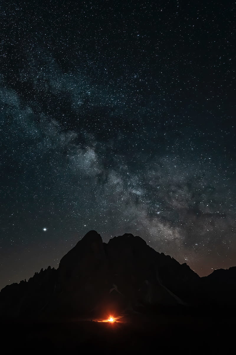 mountains, night, starry sky, darkness, fire, HD phone wallpaper