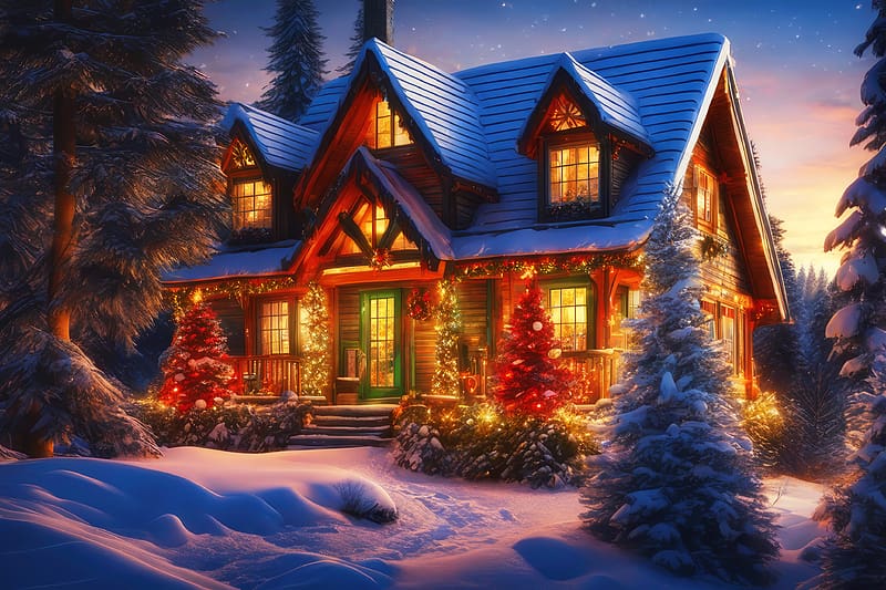 Christmas home, night, winter, art, cozy, house, beautiful, holiday, Christmas, warmth, lights, snow, cottage, evening, home, countryside, HD wallpaper