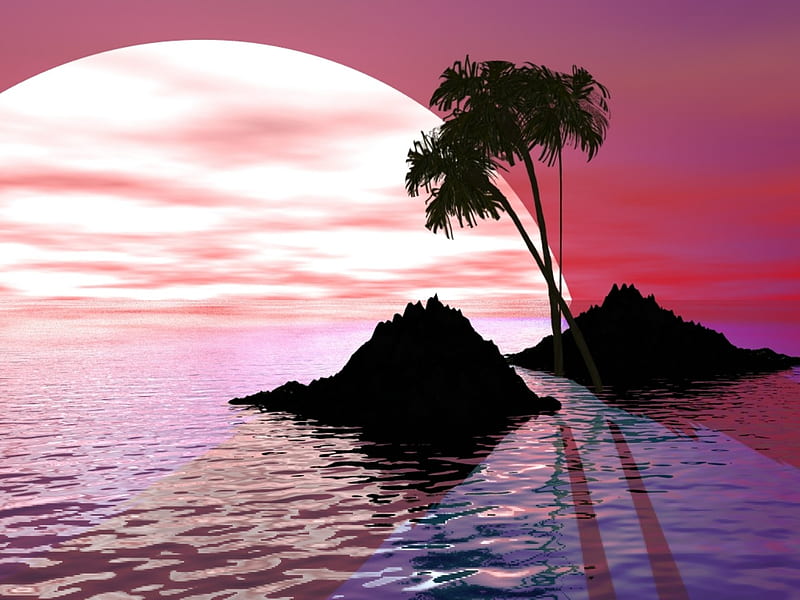 Pink Sunset Island Ocean Sunset Island Sky Pink Palm Tree Hd