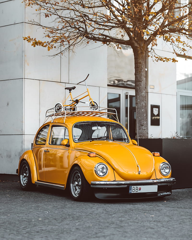volkswagen beetle, volkswagen, car, yellow, retro, HD phone wallpaper