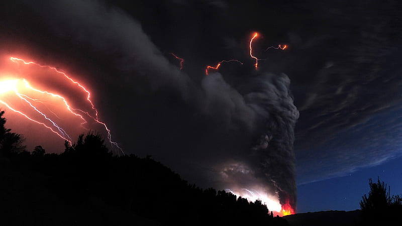 Puyehue volcano, lightning, ash, volcano, storm, night, HD wallpaper