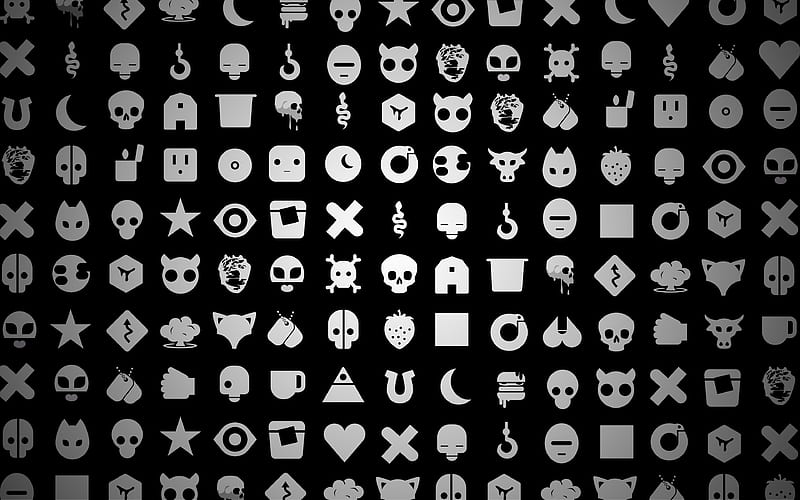 gray icons pattern black backgrounds, creative, artwork, background with icons, HD wallpaper