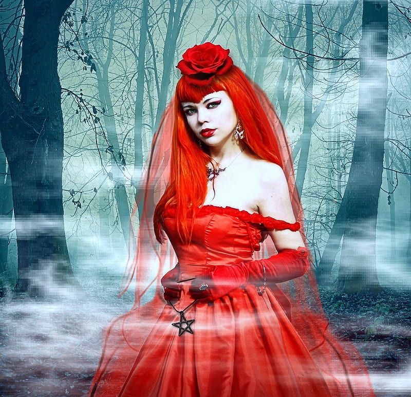~Red Rose Lady for Valentine~, red dress, veil, softness beauty ...