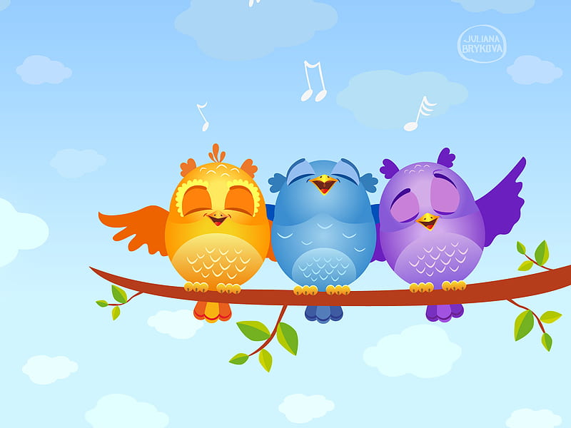 singing birds, bird, blue, life, love, sing, sky, violet, yellow, HD wallpaper