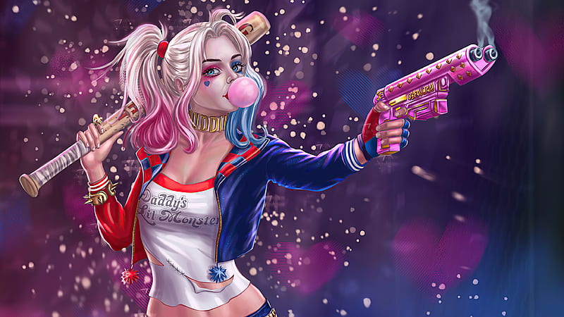 Harley Quinn Gun And Baseball, harley-quinn, superheroes, artwork, artist, artstation, HD wallpaper