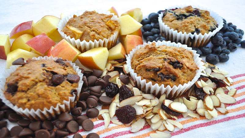 Muffins With Sratch Ingredients, fruit, nuts, bakery, chips, abstract, muffin, dessert, HD wallpaper