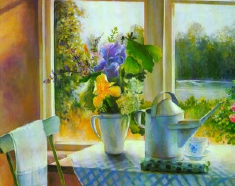 New Day, painting, art, flowers, window, HD wallpaper
