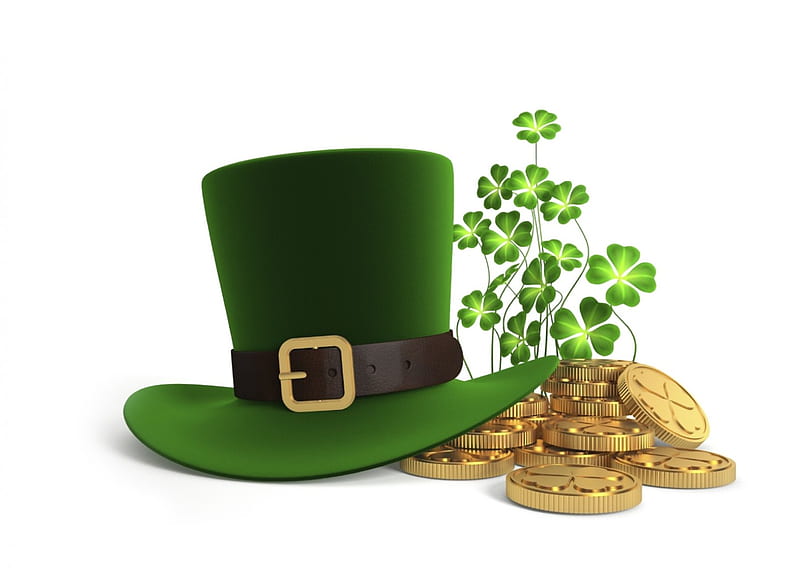 Saint Patrick's Day, top hat, clovers, gold, Saint Patricks Day, shamrocks, coins, Patricks Day, hat, HD wallpaper