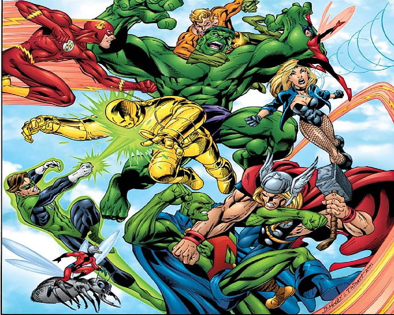 JLA vs Avengers, Aquaman, Flash, Green Lantern, Iron Man, Thor, Hulk, HD wallpaper
