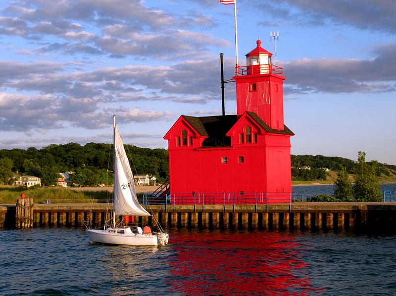 Red lighthouse, water, pier, sailboat, trees, clouds, sky, HD wallpaper