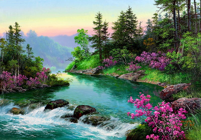 Summer river, stream, riverbank, shore, bonito, wildflowers, painting, flowers, river, art, calmness, lovely, spring, creek, sky, trees, riverscape, serenity, landscape, HD wallpaper