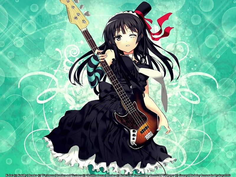 mio on bass, cute, k-on, mio, bass, girl, anime, light green backround, HD wallpaper