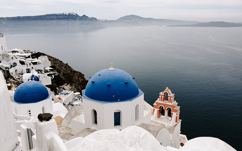 Santorini, Aegean Sea, Thira, white buildings, greek church, seascape, morning, sunrise, Greece, South Aegean, HD wallpaper